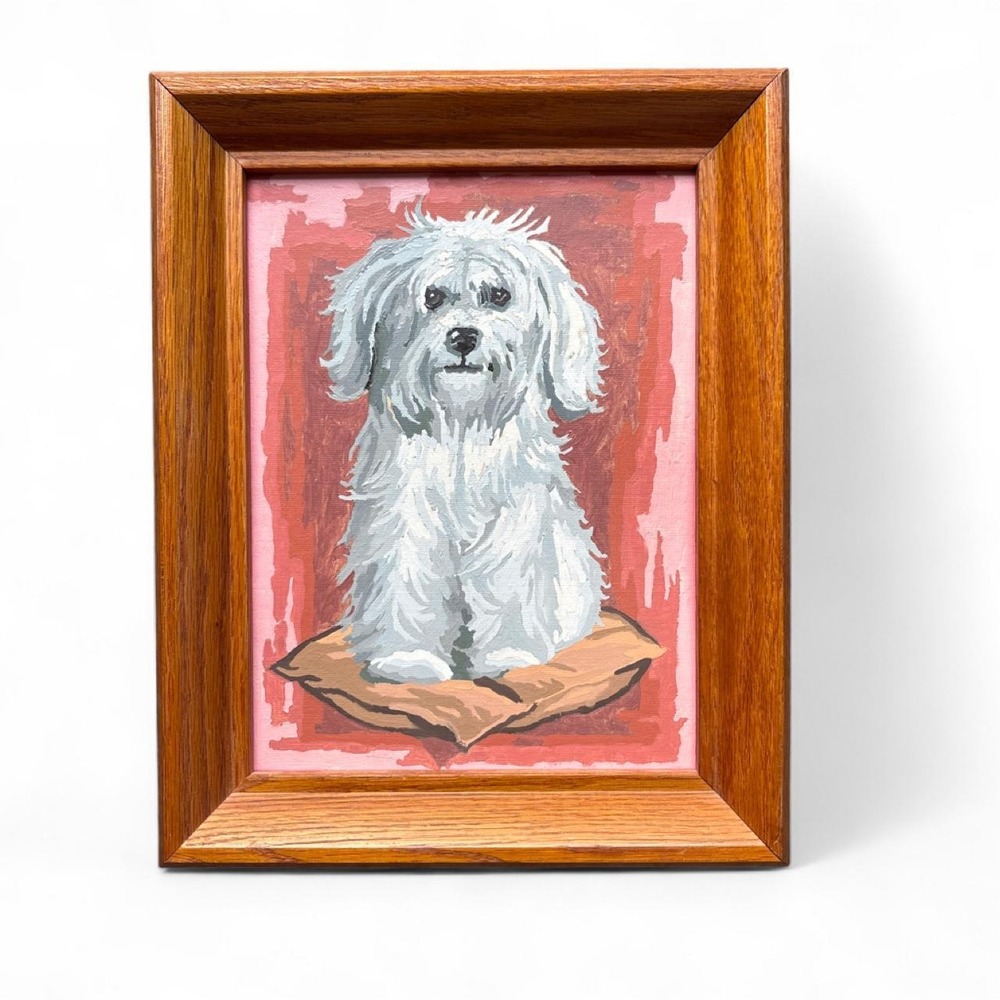 1970s charming vintage paint-by-numbers artwork features a fluffy white Maltese